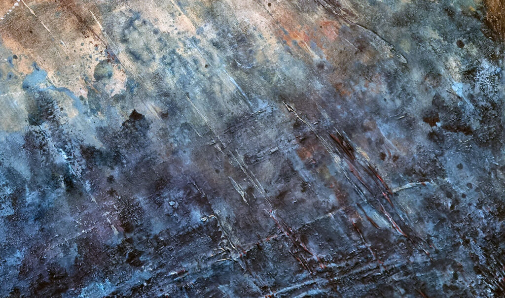 Detail from an abstract painting, mainly in blues and blacks, by David White (CC:BY)
