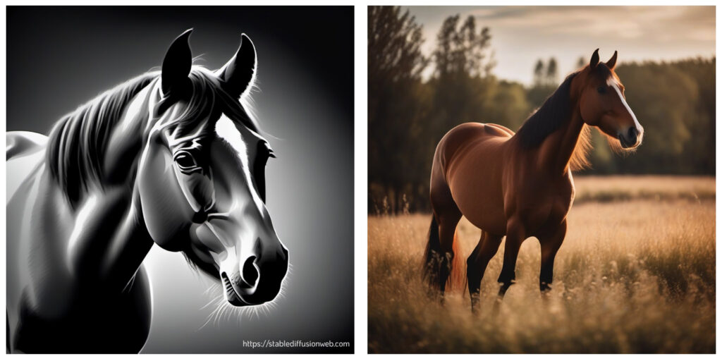Two pictures of a horse. One is a fairly figurative black and white drawing, the other looks more like a photo.  