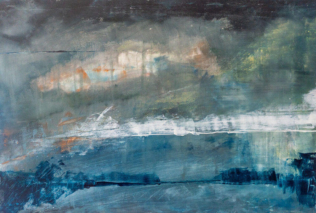 An abstract paining in greys and blues by David White